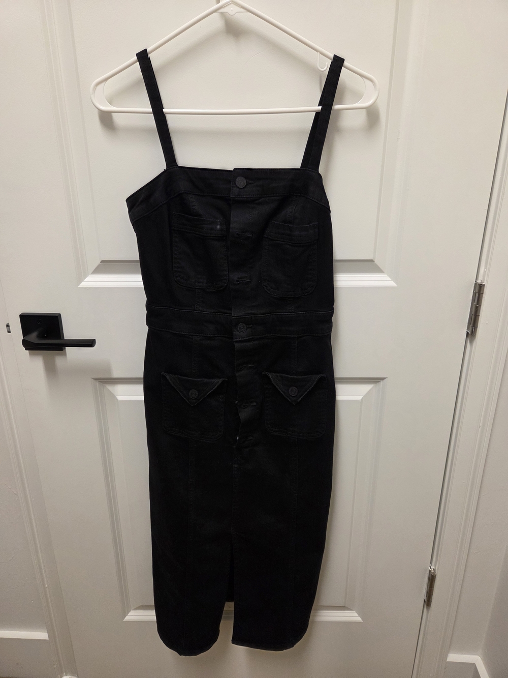 MOTHER Black Button-Front Denim Pinafore Midi Dress